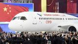 The first C919 passenger jet made by the Commercial Aircraft Corp of China (Comac) during a news conference at the company's factory in Shanghai, November 2, 2015