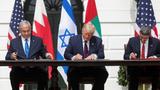Israel's Prime Minister Benjamin Netanyahu, U.S. President Donald Trump, and UAE Foreign Minister Abdullah bin Zayed sign the Abraham Accords in Washington, September 15, 2020, photo by Tom Brenner/Reuters