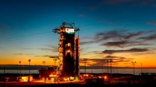 The sun sets behind Space Launch Complex 2 at Vandenberg Air Force Base, California