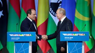 Egyptian President Abdel Fattah el-Sisi and Russian President Vladimir Putin shake hands at the Russia-Africa Summit in Sochi, Russia, October 24, 2019, photo by Sergei Chirikov/Pool/Reuters