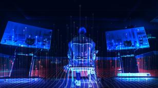 A Flight Commander Course student interacts with artificial intelligence in a live simulation on Joint Base McGuire-Dix-Lakehurst, New Jersey, September 27, 2019, images by A1C Ariel Owings/U.S. Air Force and Jamesteohart/Adobe Stock; design by Carol Ponce/RAND Corporation