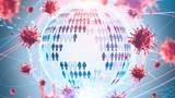 COVID-19 viruses floating around an image of the world made up of icons of people, image by  denisismagilov/Adobe Stock