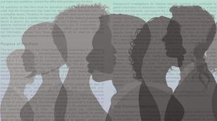 Human silhouettes against the backdrop of an application for a national security job, image adapted from Melitas/Getty Images and Office of Personnel Management