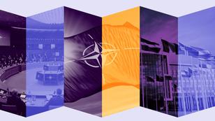 Images showing foreign ministers inside NATO headquarters, the NATO flag, and a circle of nations' flags outside NATO, images by Olivier Douliery/Reuters, Lulla/Fotolia, and Pascal Rossignol/Reuters; design by Haley Okuley/RAND