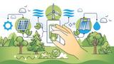 Image depicting solar, wind, and water energy sources with a hand flipping a green switch, image by VectorMine/Adobe Stock.