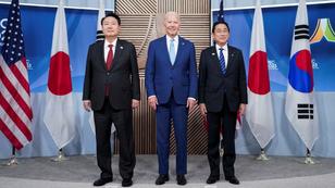 South Korea's President Yoon Suk Yeol, U.S. President Joe Biden, and Japanese Prime Minister Fumio Kishida stand together for a trilateral meeting at the APEC summit in San Francisco, California, November 16, 2023, photo by Kevin Lamarque/Reuters 