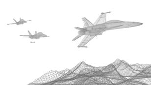 Wireframe aircraft over a wireframe landscape, photo by Devrimb/Gety Images