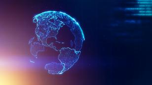 3D globe with continents outlined in blue