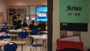 A sign marks the classroom of math teacher Juan Arias at Mendez Middle School in Austin, Texas, September 25, 2023, photo by Aaron E. Martinez/USA Today via Reuters
