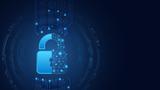 Digital padlock in light blue on a dark blue background, photo by ArtHead-/Getty Images