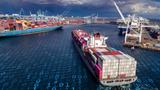 Aerial shot of a massive cargo ship arriving in the Port of Long Beach, California, photo by halbergman