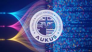 Colorful data science illustration behind the AUKUS logo, images by NicoElNino/Adobe Stock and Australian Department of Defence
