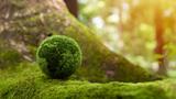 Globe made of moss sitting on a miss-covered tree root, photo by Boy Wirat/Getty Images