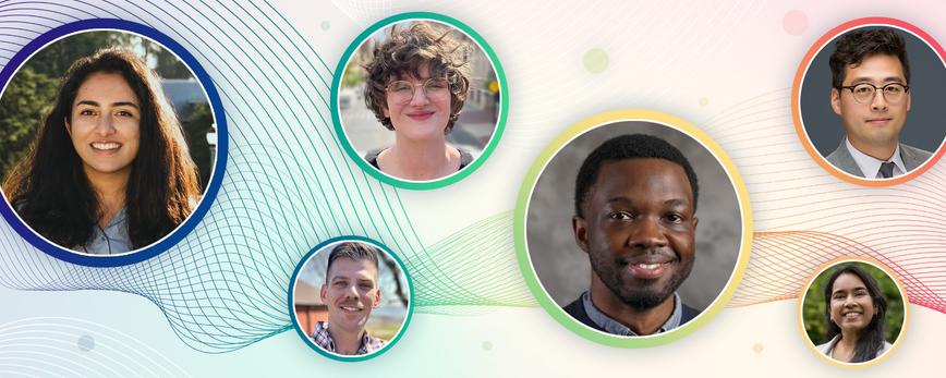 Colorful abstract line design featuring portraits of six Summer Associates from the 2024 cohort, design by Haley Okuley/RAND