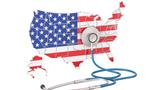 U.S. outline with flag fill, stethoscope, photo by AlexLMX/Getty Images