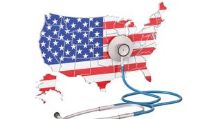 U.S. outline with flag fill, stethoscope, photo by AlexLMX/Getty Images
