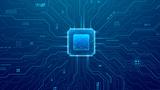 Abstract technology circuit board and processor, in shades of blue, photo by antoniokhr/Getty Images