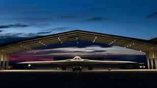 A B-21 Raider at Northrop Grumman's manufacturing facility on Edwards Air Force Base, California, photo by U.S. Air Force