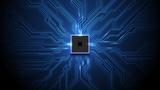 Glowing blue lines lead into a central processing unit (CPU) chip. Photo by Panuwat Sikham/Getty Images