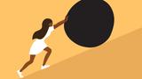 Illustration of a Black woman in a white dress and sneakers pushing a large black ball up a steep hill, illustration by Olga Strelnikova/Getty Images