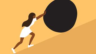 Illustration of a Black woman in a white dress and sneakers pushing a large black ball up a steep hill, illustration by Olga Strelnikova/Getty Images