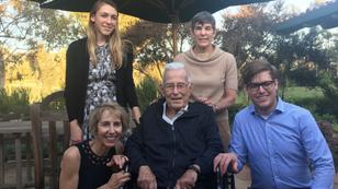 Ellen Brown's daughter Zoe Merewether and sister Deborah Brown with Ellen Brown (kneeling), the late Harold Brown, and Ellen's son Gene Merewether, photo courtesy of Ellen Brown