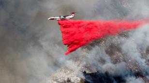 A plane drops fire retardant on the Palisades fire in Mandeville Canyon in Los Angeles, California, January 11, 2025, photo by Shannon Stapleton/Reuters