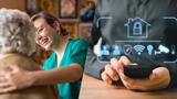 Picture of a home health care working with her arm around an elderly woman next to a closeup image of a person typing on a smartphone with icons depicting a smart home superimposed above the phone, photos by pikselstock and ParinPS/Adobe Stock, design by Ana Hale