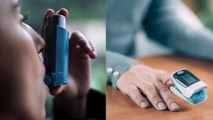Close up of a person using an inhaler next to an image of an oxygen monitor on a person's finger, photos by DALU11 and Microgen/Adobe Stock