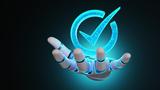 Robotic hand holding a glowing circled tick symbol, photo by Dragon Claws/Getty Images
