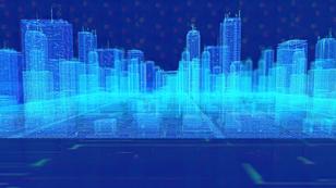 Digital rendering of a city with telecommunications towers and power grid, image by blackdovfx/Getty Images