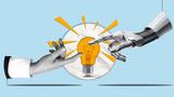 A human hand and a robot hand reaching to touch index fingers, on top of an illustration of a lightbulb, image by FotografieLink/Getty Images