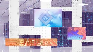 A gray washed photo of a data center with a computer chip and circuity overlay images.