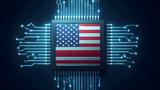 A microchip featuring an American flag, representing the integration U.S. technology in AI.