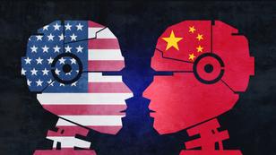 Illustration of two robot heads with U.S.. and Chinese flags filling the outline, photo by wildpixel/Getty Images