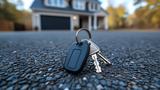 A close-up of house keys resting on asphalt in front of a home.