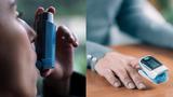 Close up of a person using an inhaler next to an image of an oxygen monitor on a person's finger, photos by DALU11 and Microgen/Adobe Stock