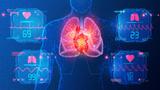 Conceptual illustration of a person's heart and lungs, surrounded by cardiopulmonary and hemodynamic monitors, Illustration by ArtemisDiana/Adobe Stock.