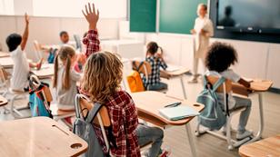 children sitting at their desks in a classroom being taught