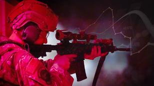 An Airman aims an MF Carbine assault rifle during night-firing training at F.E. Warren Air Force Base in Cheyenne, Wyoming, May 18, 2024, design by Carol Ponce/RAND; images by Staff Sgt. Kylee Warren/U.S. Air National Guard and iamchamp/Adobe Stock