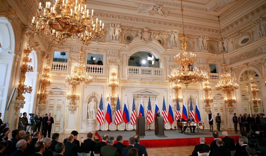 U.S. President Barack Obama and Russian President Dmitry Medvedev sign the New START Treaty at Prague Castle in Prague, Czech Republic, April 8, 2010, photo by Jason Reed/Reuters