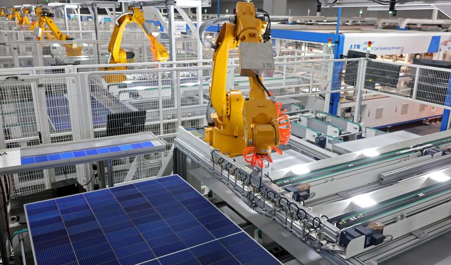 Industrial robots produce photovoltaic modules  in Zaozhuang Economic Development Zone, Shandong Province, China, April 16, 2025, photo by CFoto/Sipa USA via Reuters Connect
