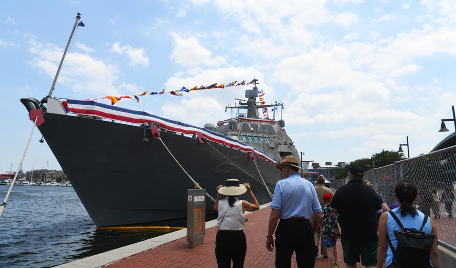 The littoral combat ship USS <em>Marinette</em> (LCS 25) pier side in Baltimore’s inner harbor during Maryland Fleet Week and Flyover Baltimore in Baltimore, MD, June 18, 2024, photo by U.S. Navy