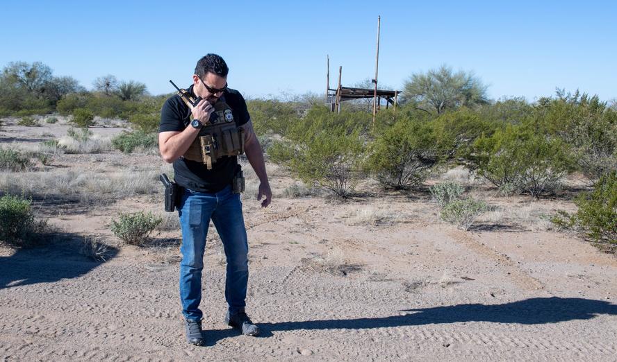 A Shadow Wolf calling in his sightings of footprints and vehicle tracks in Sells, Arizona, February 10, 2023, photo by U.S. Immigration and Customs Enforcement