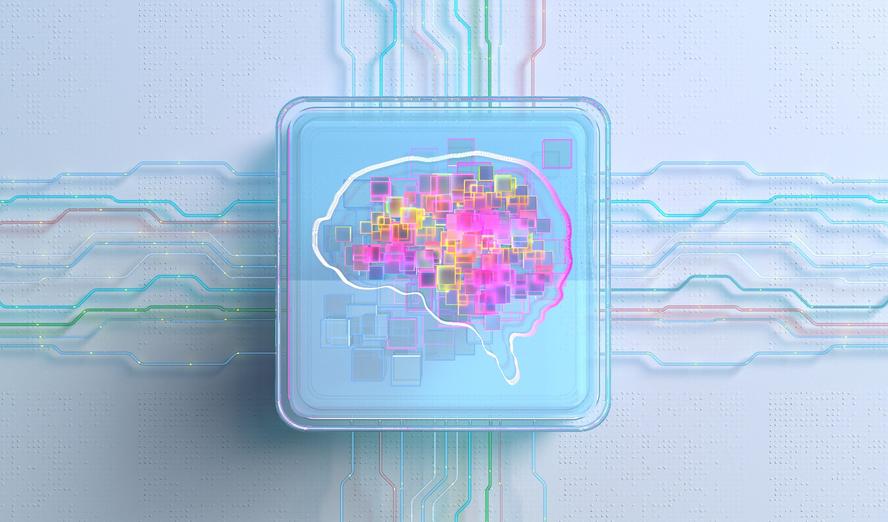 Image of a brain on a computer chip, with network connections coming in on four sides, photo by Vertigo3d/Getty Images