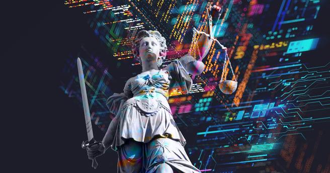 An abstract technology illustration superimposed over a statue of Lady Justice, design by Carol Ponce/RAND adapted from images by MF3d and Arturbo/Getty Images