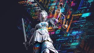 An abstract technology illustration superimposed over a statue of Lady Justice, design by Carol Ponce/RAND adapted from images by MF3d and Arturbo/Getty Images