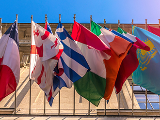 Different flags of many countries on building facade with a sky background, photo by Nataliia Gorsha/Getty Images