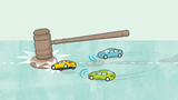 Illustration of a large gavel crashing down on self-driving cars, illustration by Chris Philpot