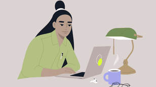 Illustration of person working on a laptop with coffee, earbuds and glasses nearby.